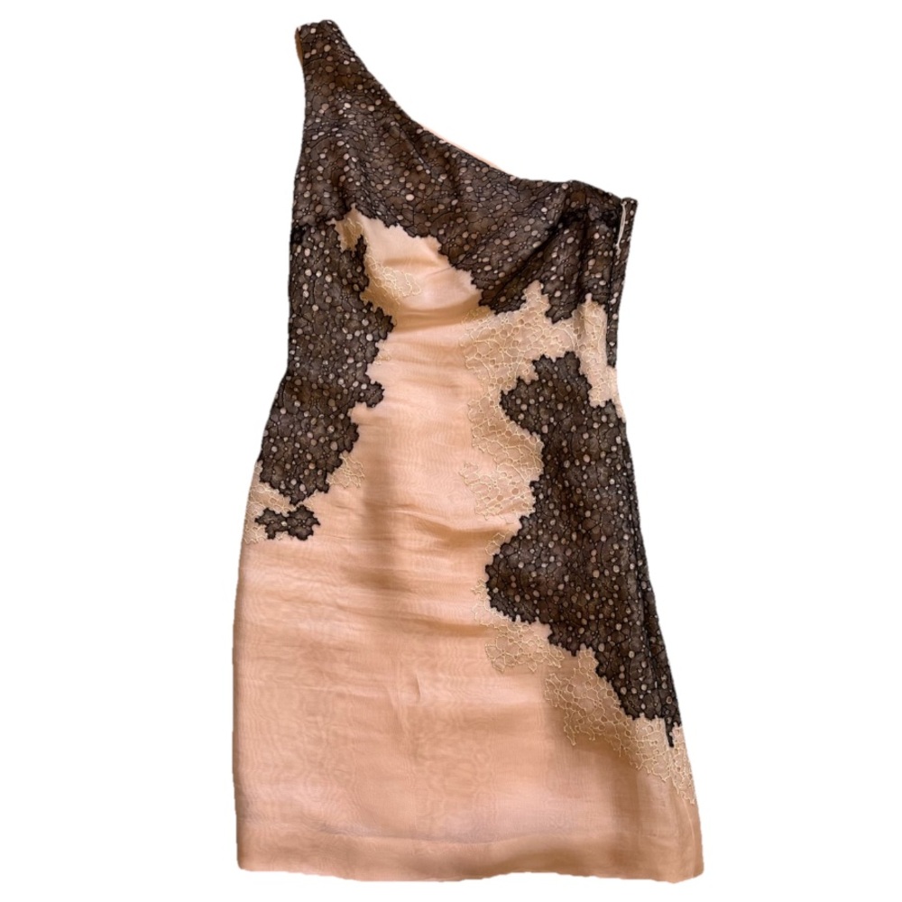 J. Mendel One-Shoulder Dress in Blush w/ Black Lace Detailing Size 6 Silk Chic